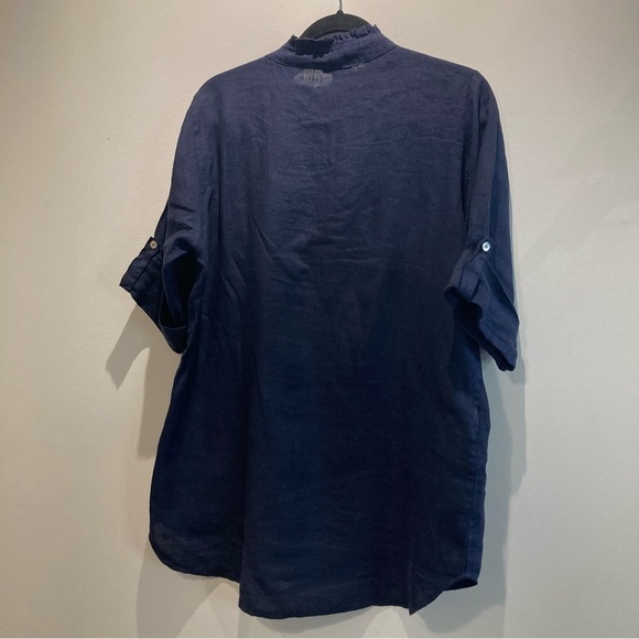 ROSEMARINE Sz M 100% Linen Ruffle Open Collar Tab Sleeve Made In Italy Blouse - Picture 8 of 8